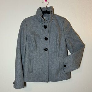 Grey Wool Peacoat Womens XS Button up, High-Pleated Collar, Satin Lined Jacket